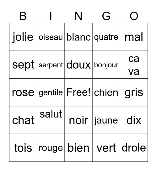 french Bingo Card