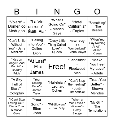 Famous Love Songs Bingo Card