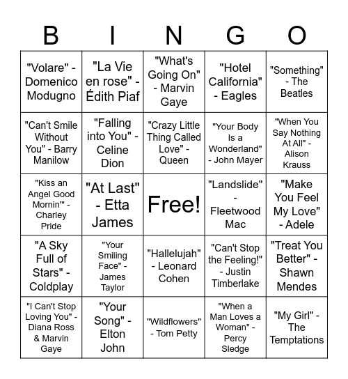 Famous Love Songs Bingo Card