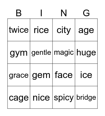 Soft C and G Bingo Card