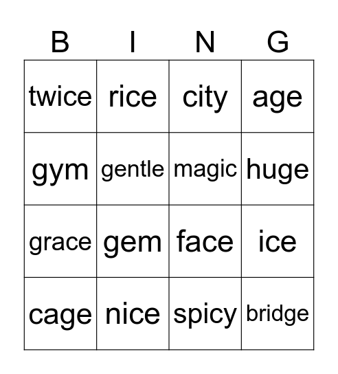 Soft C and G Bingo Card