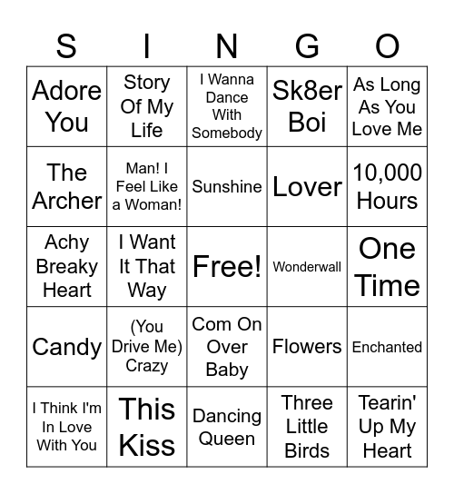 Valentine SINGO Bingo Card