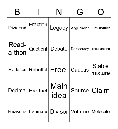 Class 502 Bingo Card