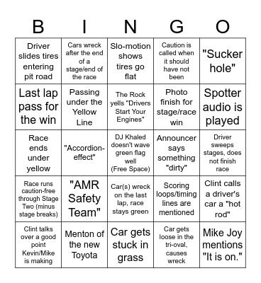 Daytona 500 Bingo Card