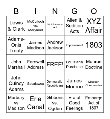 Early Republic Bingo Card