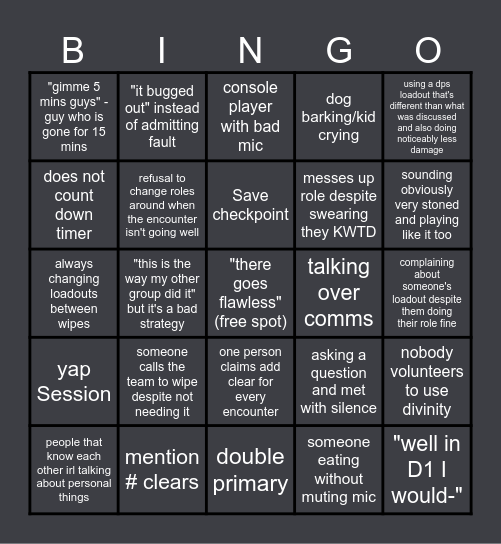 Destiny 2 Raid LFG Bingo Card