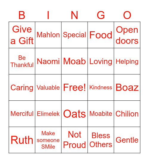 Kindness - Ruth 1-2 Bingo Card