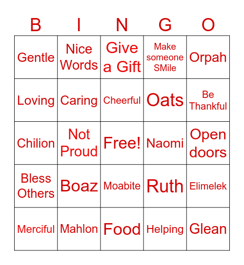 Kindness - Ruth 1-2 Bingo Card