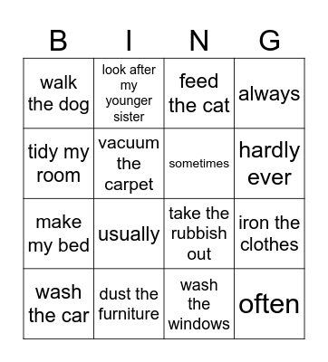 Household chores Bingo Card