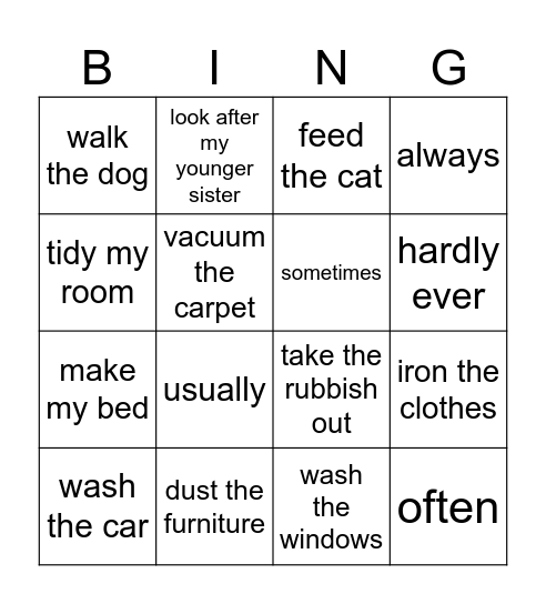 Household chores Bingo Card