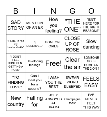 Bachelor Joey Bingo Card