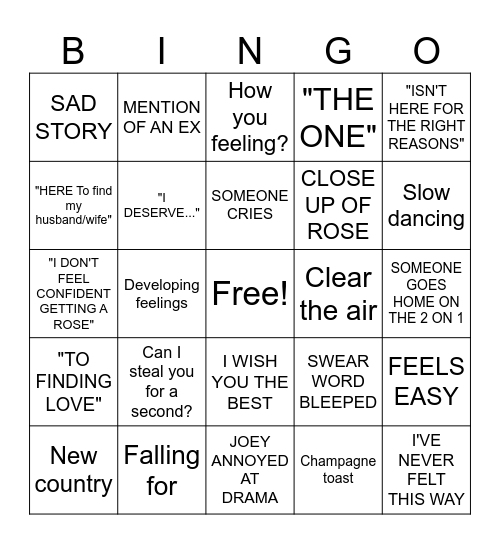 Bachelor Joey Bingo Card