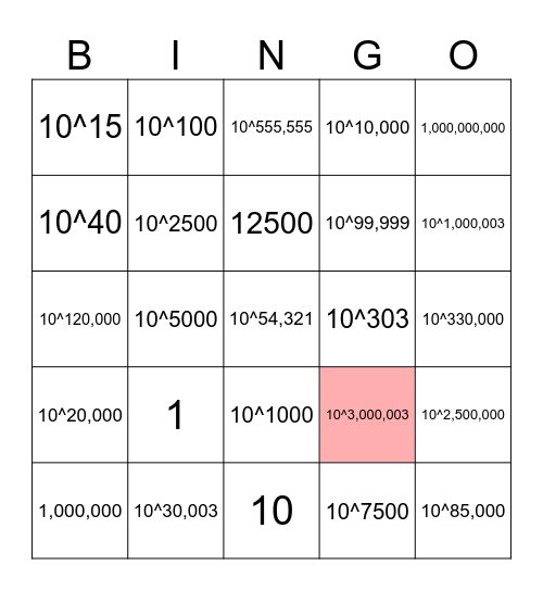 25 - 10^3,000,003 Bingo Card