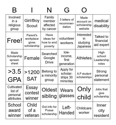 Scholarship Bingo Card