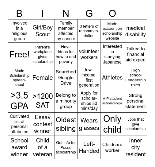 Scholarship Bingo Card