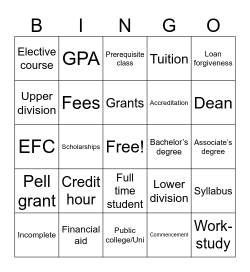 College Bingo Card