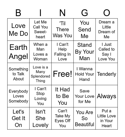 Valentine's Day Love Songs Bingo Card