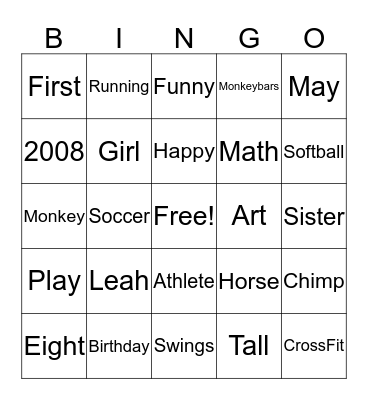 Leah's Birthday BINGO Card