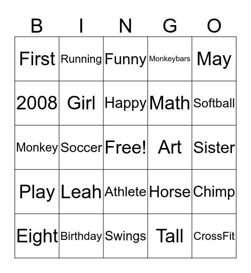 Leah's Birthday BINGO Card