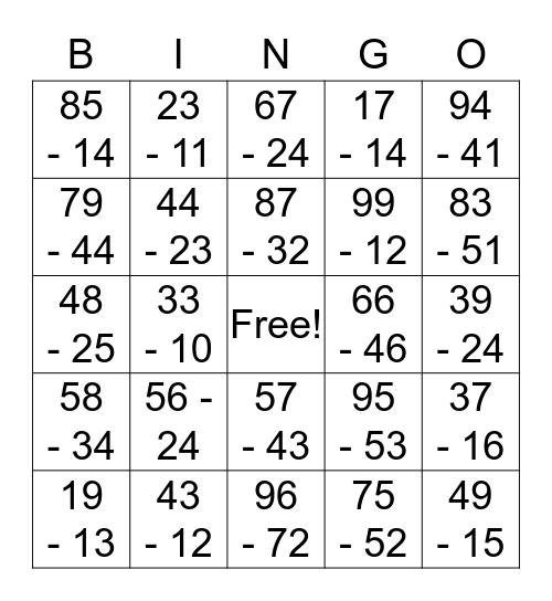 Two Digit Subtraction Bingo! Bingo Card
