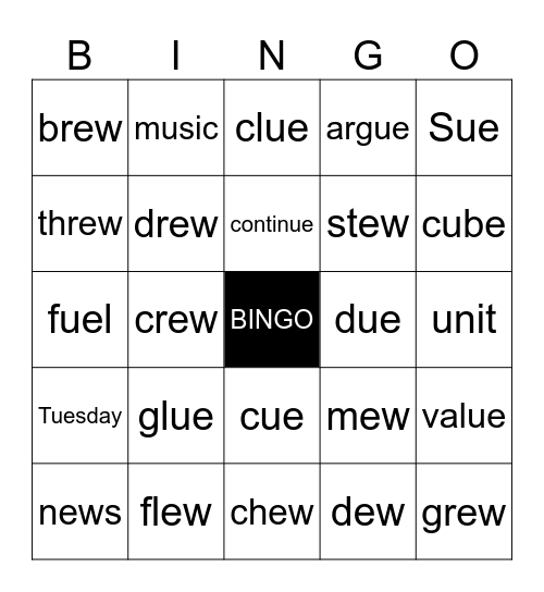 Long U Sound BINGO Card