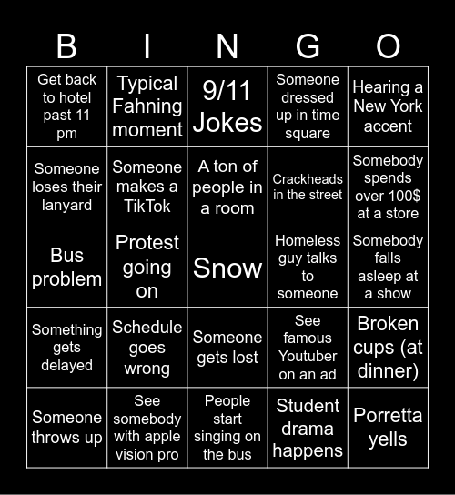 What will happen in NYC? Bingo Card