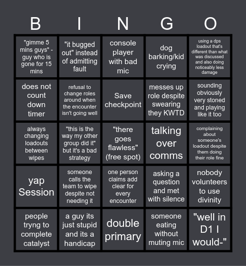 Destiny 2 Raid LFG Bingo Card