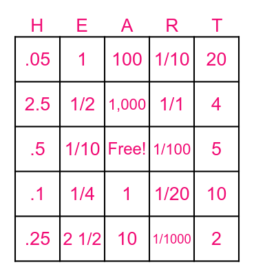 Valentine's Decimal Bingo Card