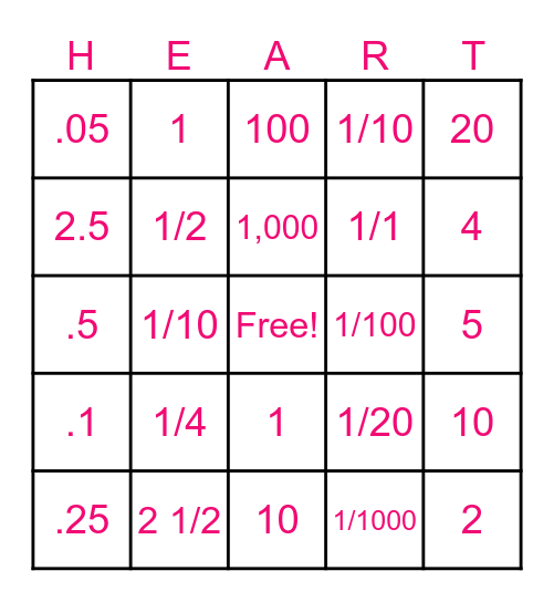 Valentine's Decimal Bingo Card