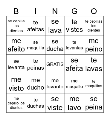 Reflexive Verbs Bingo Card