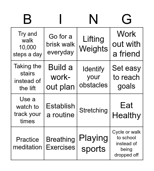 Physical Fitness Strategies Bingo Card