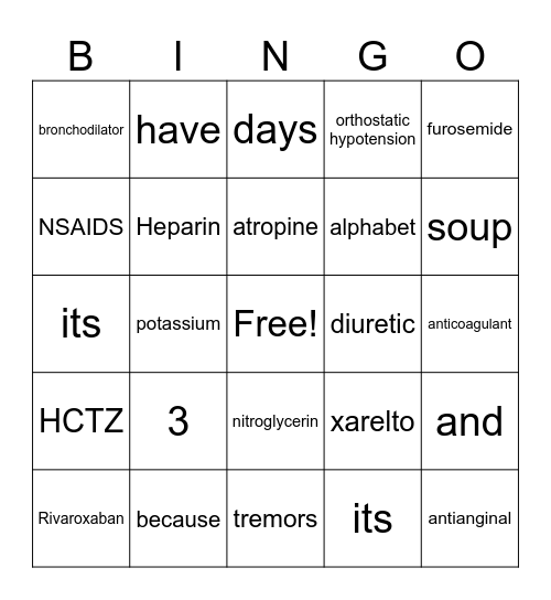 Medication Bingo Card