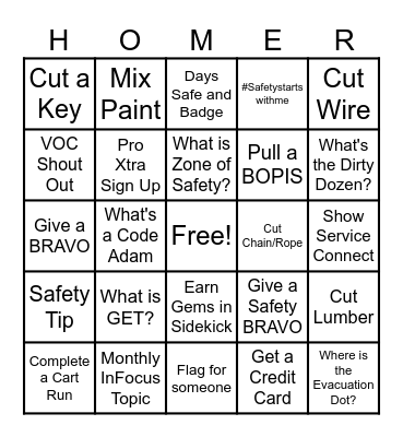 Home Depot Skill/Trivia Bingo Card