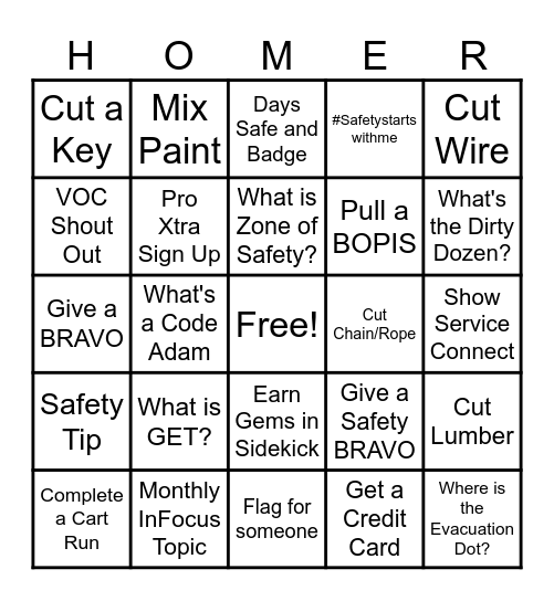 Home Depot Skill/Trivia Bingo Card