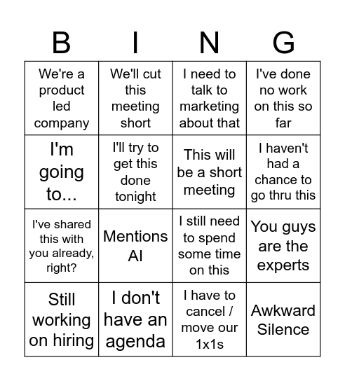 Product Meeting Checklist Bingo Card