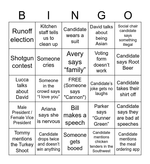 Cannon Officer Election Bingo (Winner gets IM Chair) Bingo Card