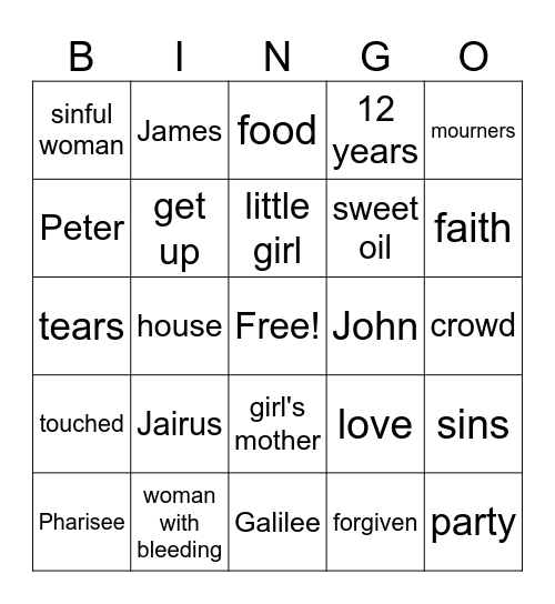 Pharisee's Dinner & Jairus Daughter Bingo Card