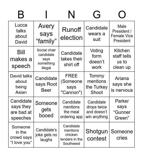 Cannon Officer Election Bingo Card