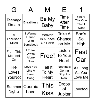 Love You Like A Love Song Bingo Card