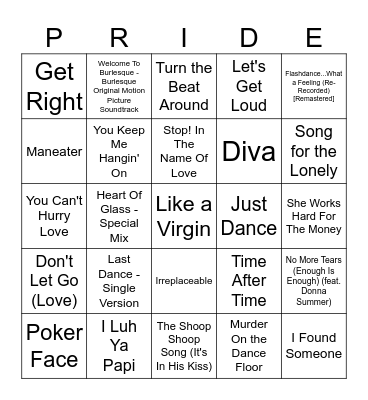 Pride Playlist Bingo Card