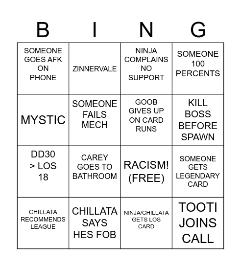 CARD RUN BINGO Card