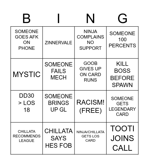 CARD RUN BINGO Card