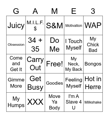 Sexy Songs Bingo Card