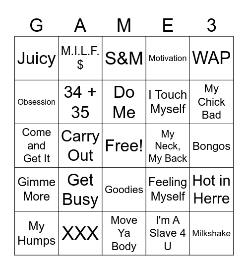 Sexy Songs Bingo Card
