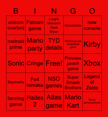 Nintendo direct Bingo Card