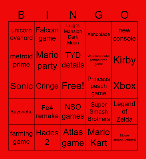 Nintendo direct Bingo Card