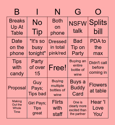 Valentines Day Restaurant Bingo Card