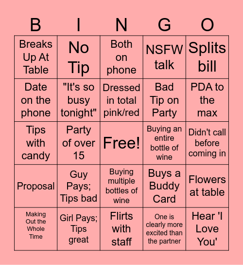 Valentines Day Restaurant Bingo Card