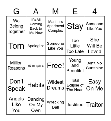 Heartbreak Hits Bingo Card