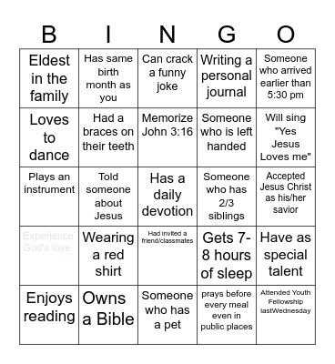 Youth Fellowship Edition Bingo Card